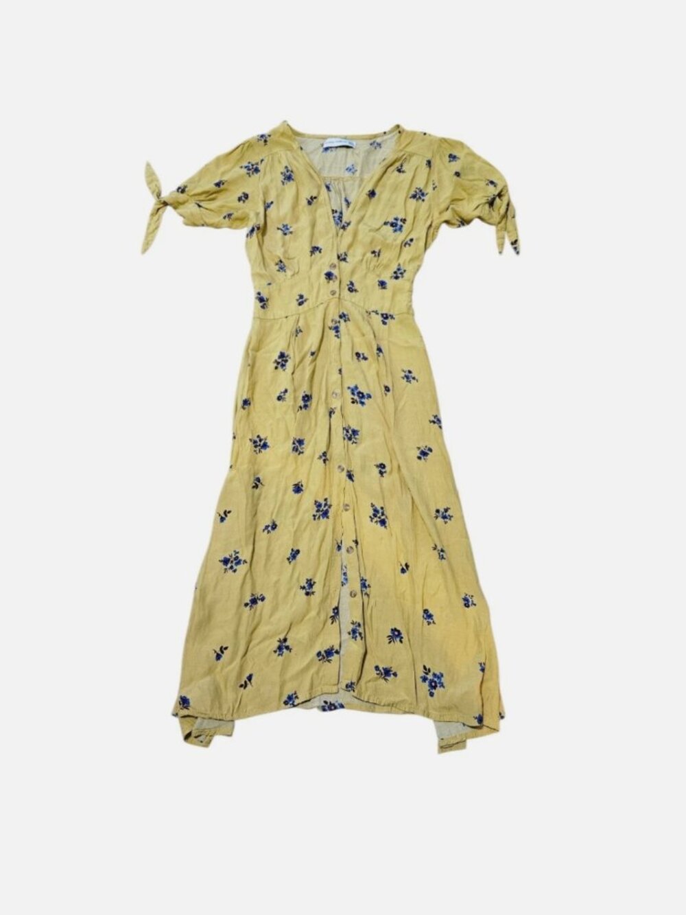 Faithfull The Brand Yellow Floral Midi Dress Size S US 4 Button Front Tie Sleeve